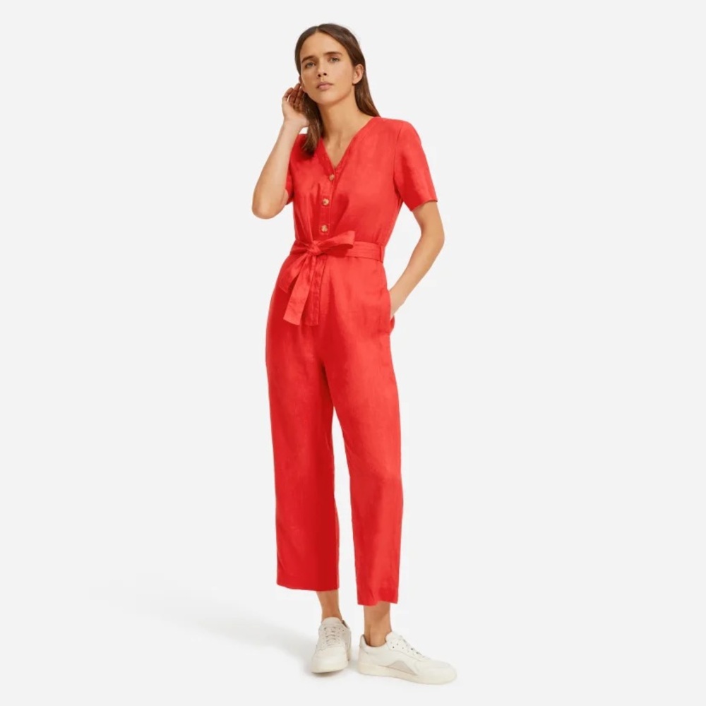 EVERLANE The Linen Short-Sleeve Jumpsuit, Red, Missing Tie, Size 8